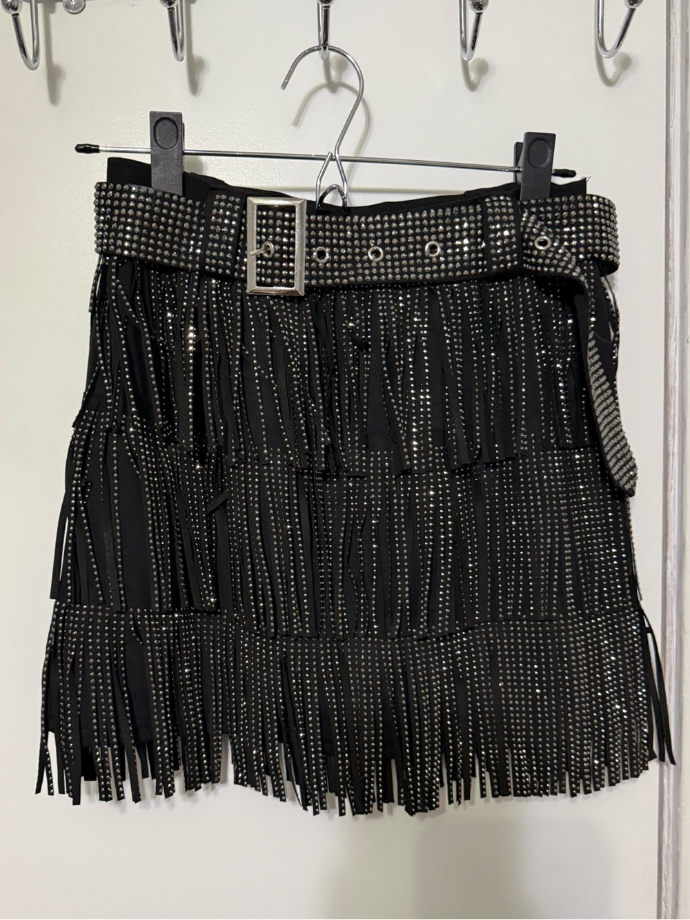 Studded Black Fringe Mini Skirt with Belt